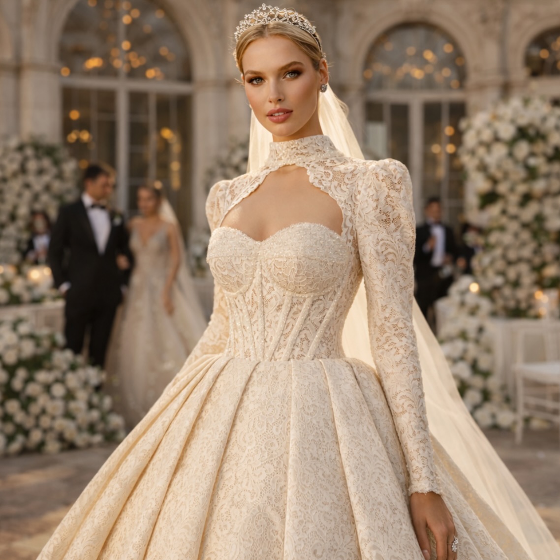 Dantel uzun kollu yüksek yaka zarif A kesim gelinlik