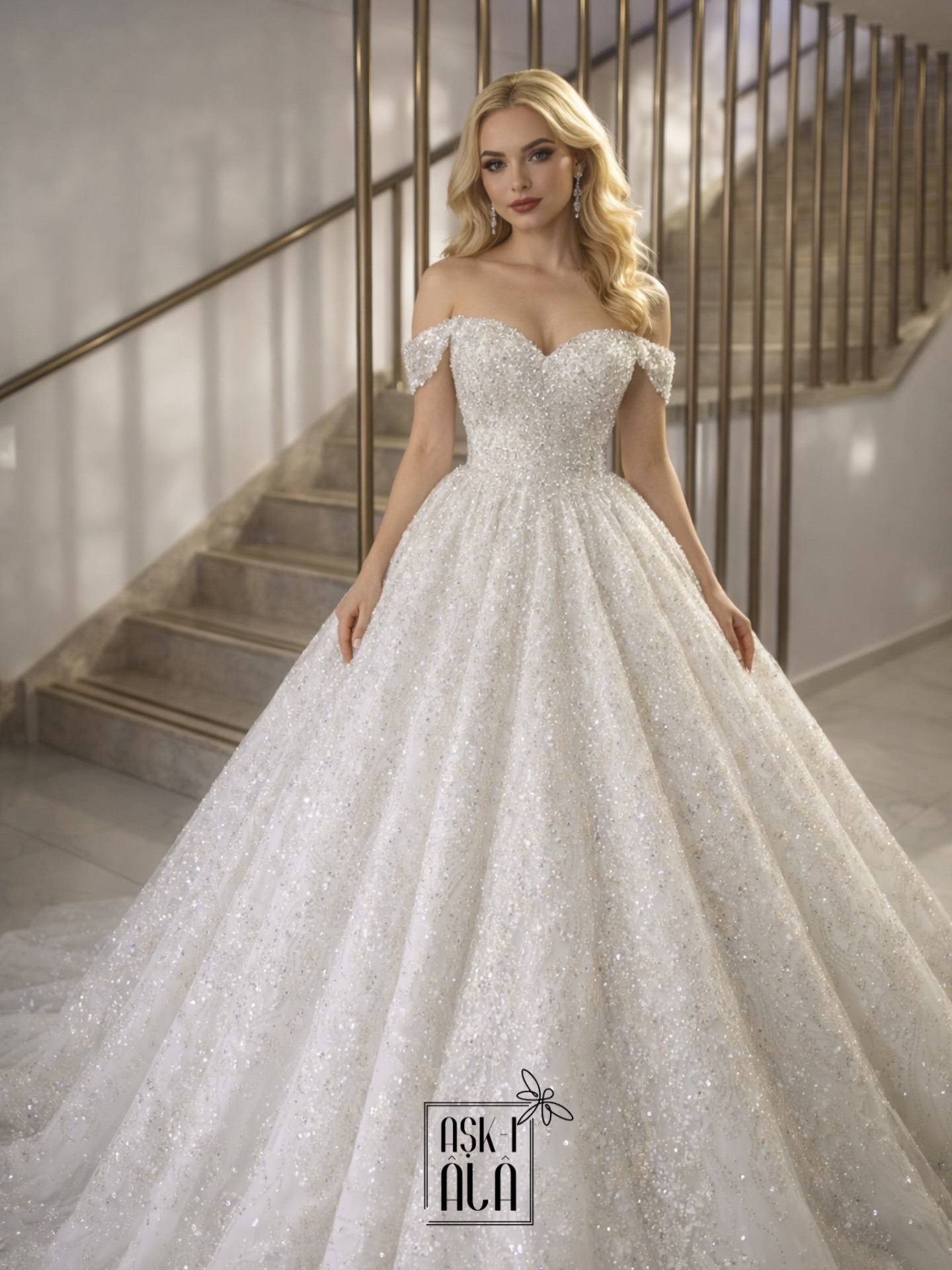 Işıltılı tül etekli omuz açık prenses model gelinlik