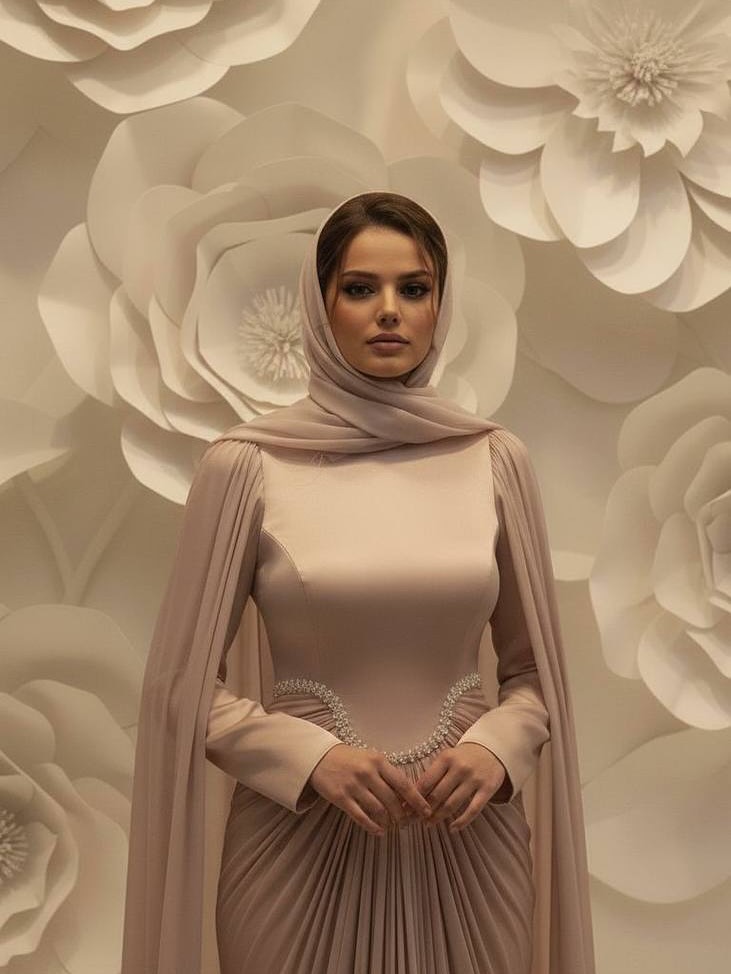 Pelerinli tesettür nikâh elbisesi şampanya tonlarında