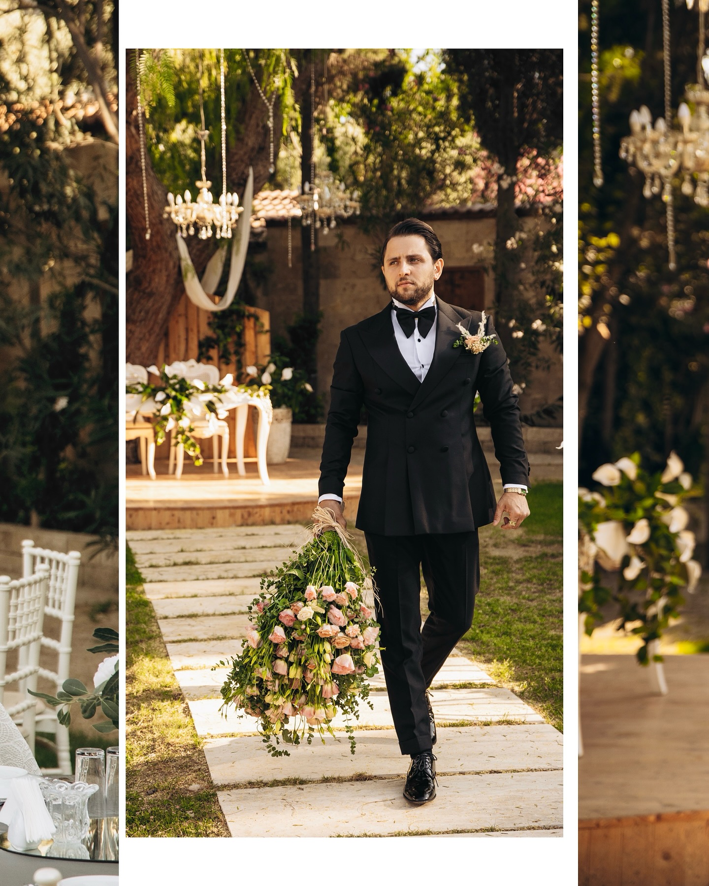 Gelin ve damat düğün çekimi sırasında bahçede romantik poz veriyor