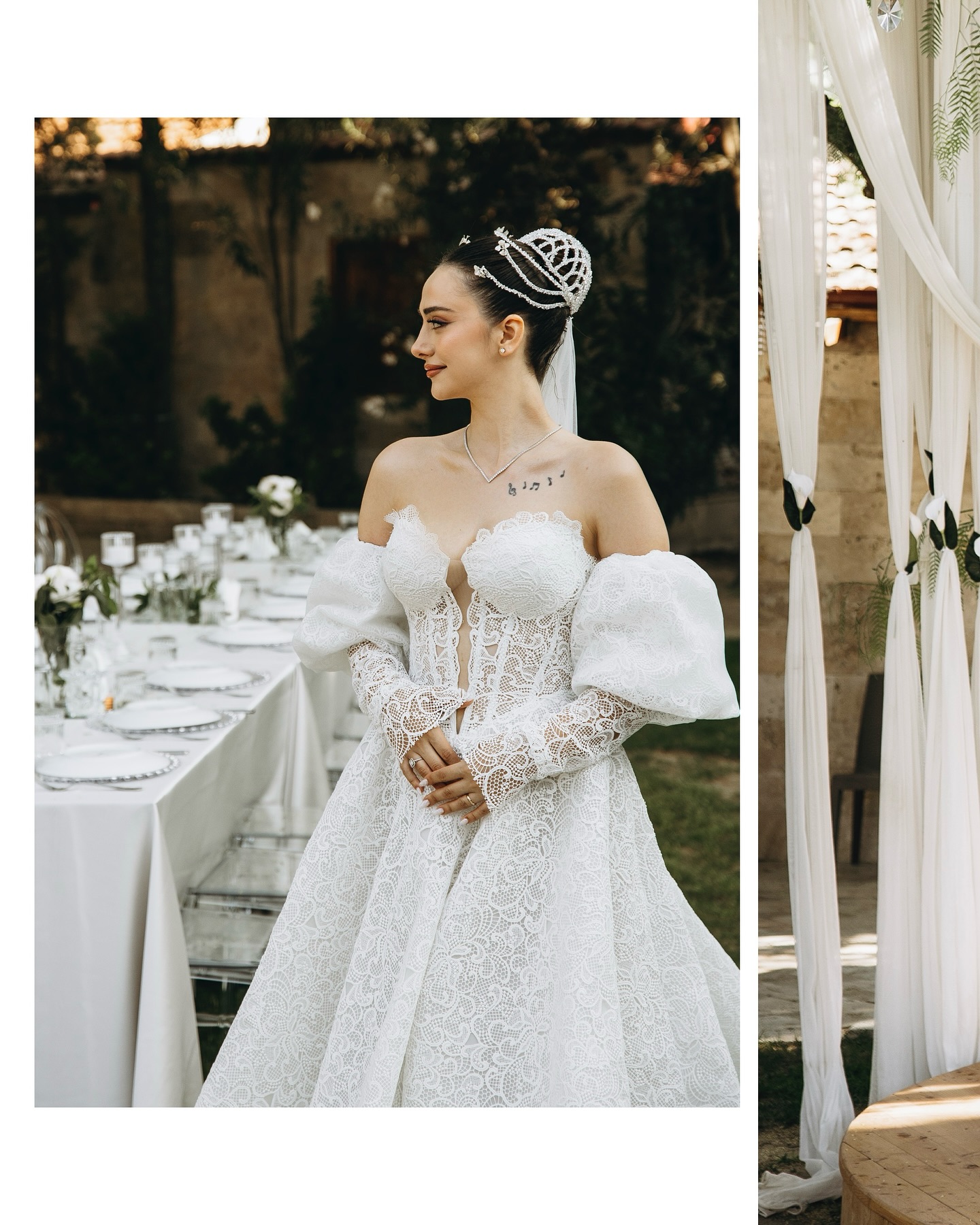 Gelin ve damat düğün çekimi sırasında sarılarak gülümsüyor