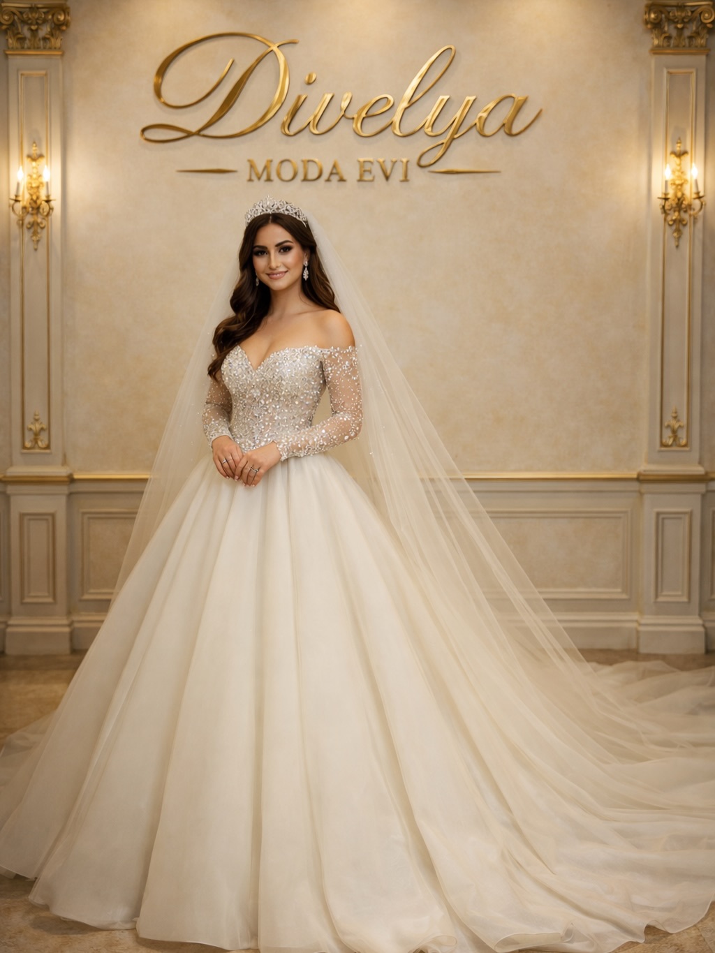 Divelya Moda Evi taş işlemeli transparan kollu prenses kesim gelinlik ön görünüm