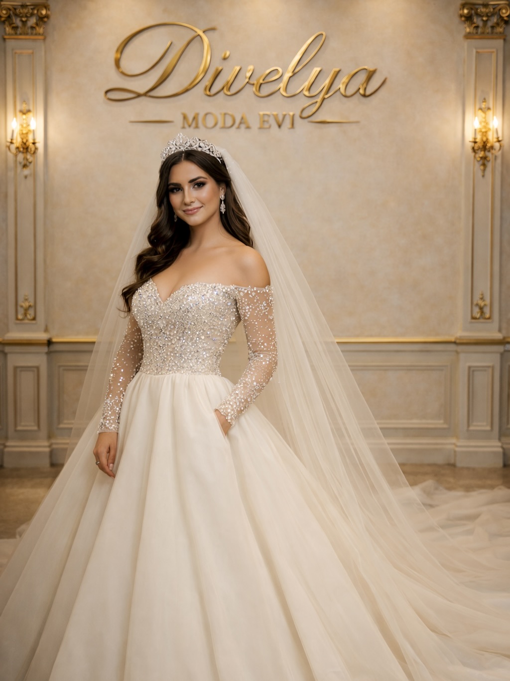 Divelya Moda Evi omuz açık yaka detaylı ışıltılı prenses gelinlik yakın plan