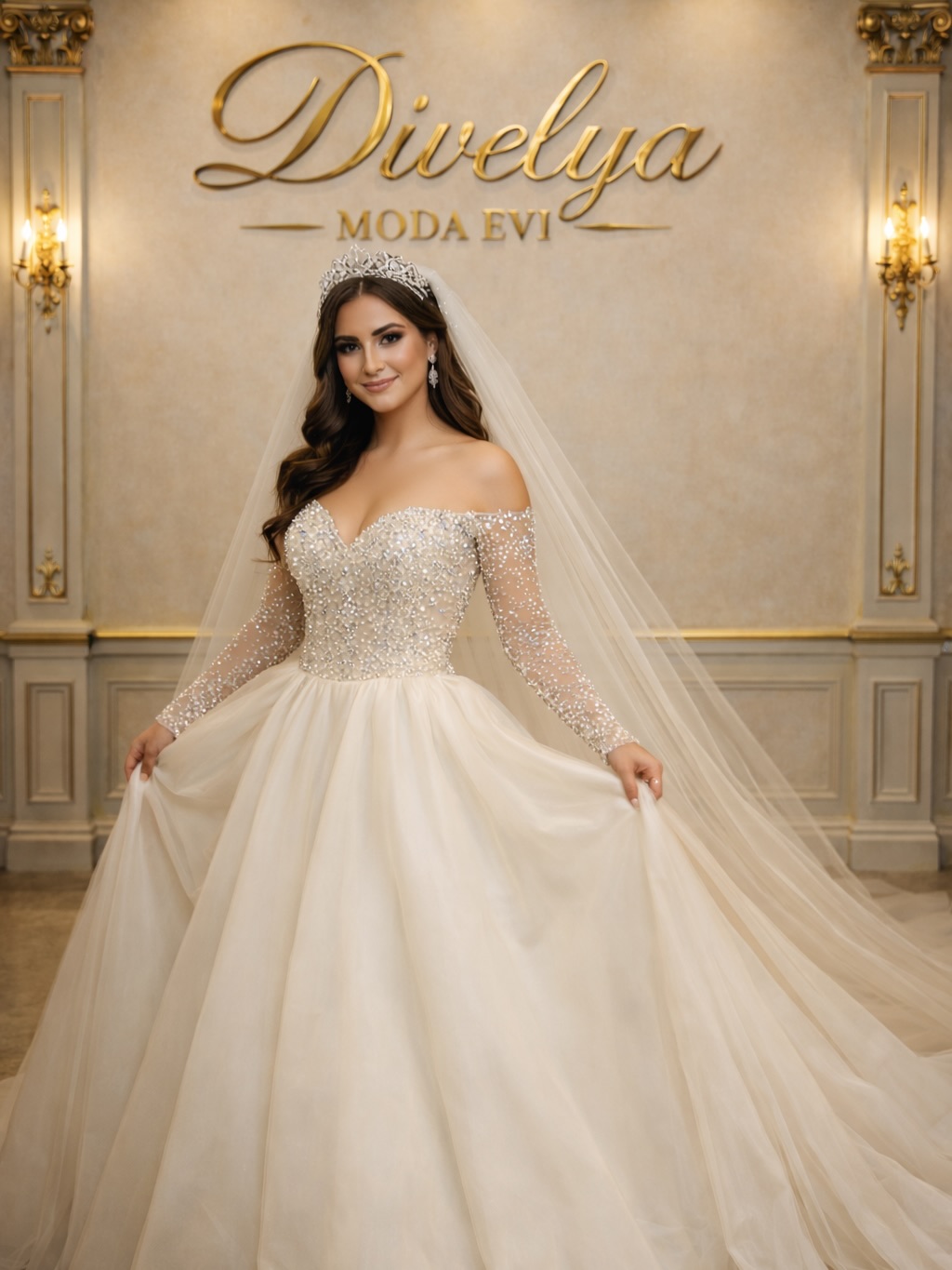 Divelya Moda Evi kabarık tül etekli romantik gelinlik zarif duruş pozuyla