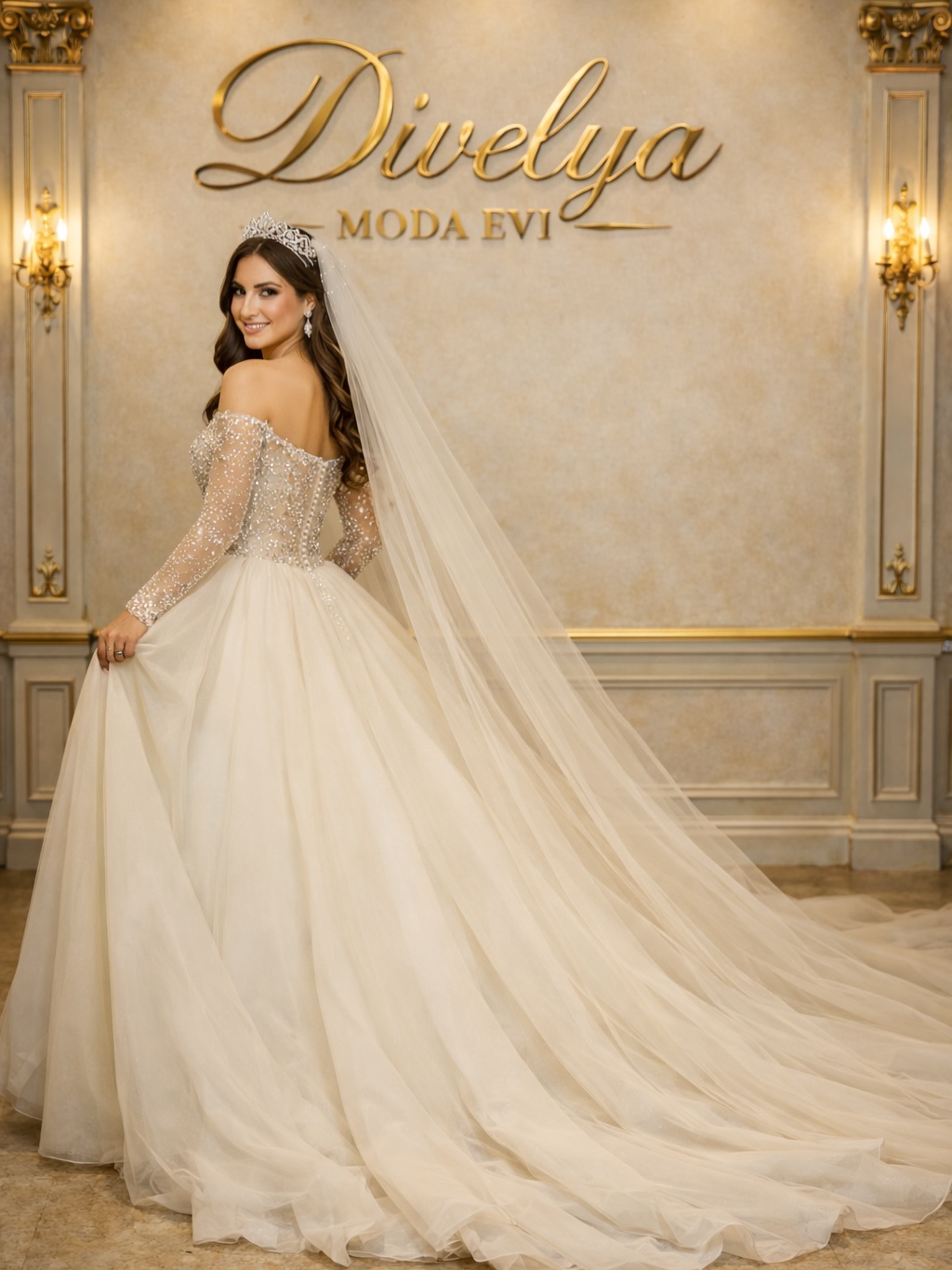 Divelya Moda Evi uzun duvakla tamamlanan taş işlemeli gelinlik arka açı görünüm