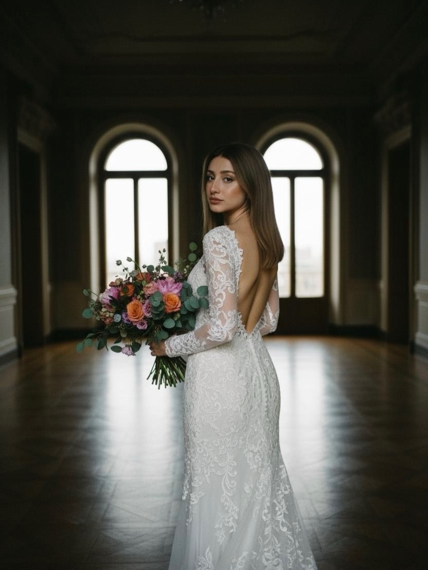 Divelya Moda Evi uzun kollu dantel balık gelinlik modeli, derin sırt dekolteli zarif tasarım