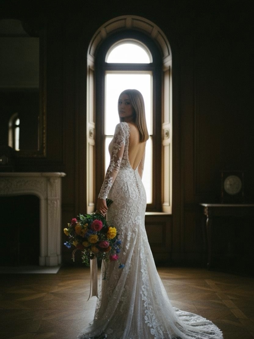 Divelya Moda Evi dantel işlemeli balık kesim gelinlik, uzun kol ve sırt dekoltesi detaylı görünüm