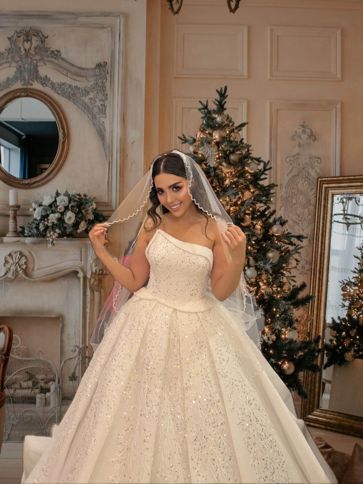 Tek omuz simli tül romantik gelinlik tasarımı