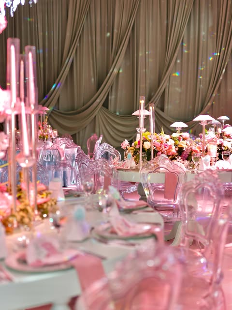 Şeffaf sandalye ve floral masa düzeni düğün organizasyonu