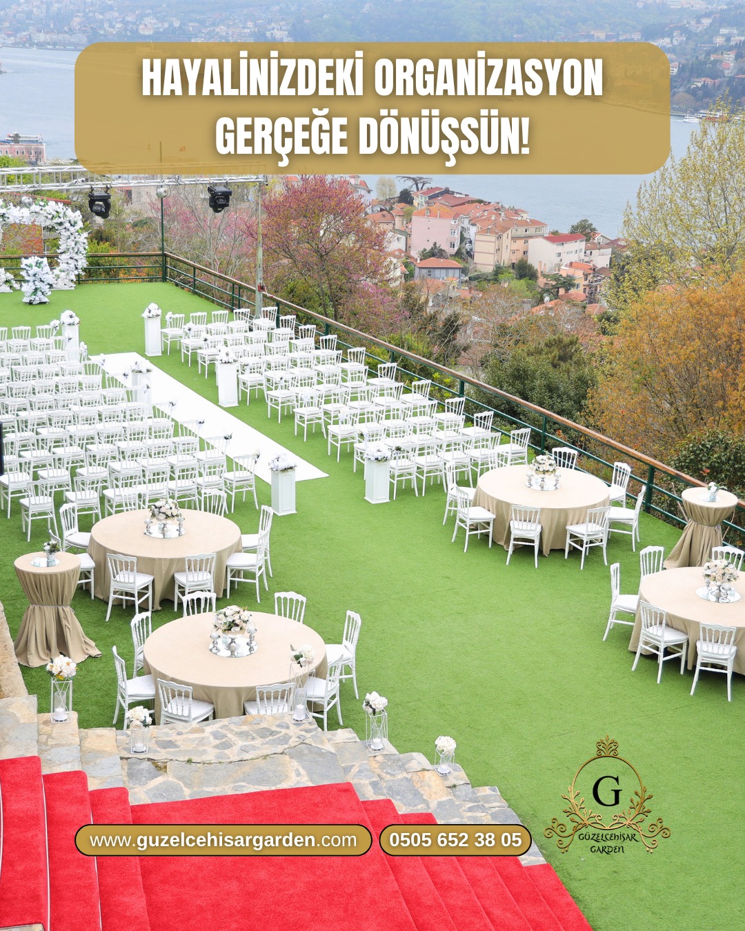 Güzelcehisar Garden açık nikâh alanı ve beyaz sandalye düzeni