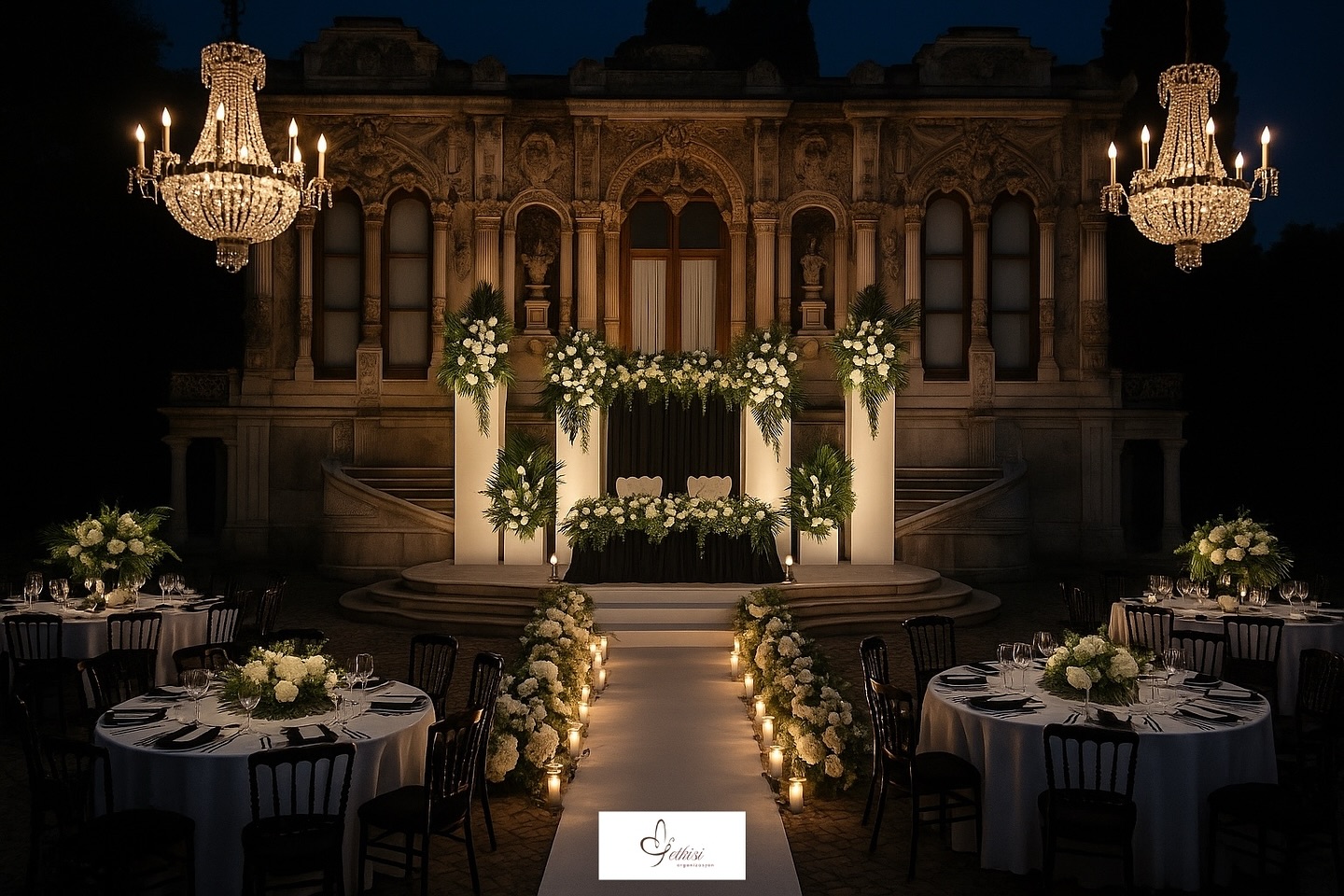 Klasik ve görkemli gece düğünü sahne tasarımı