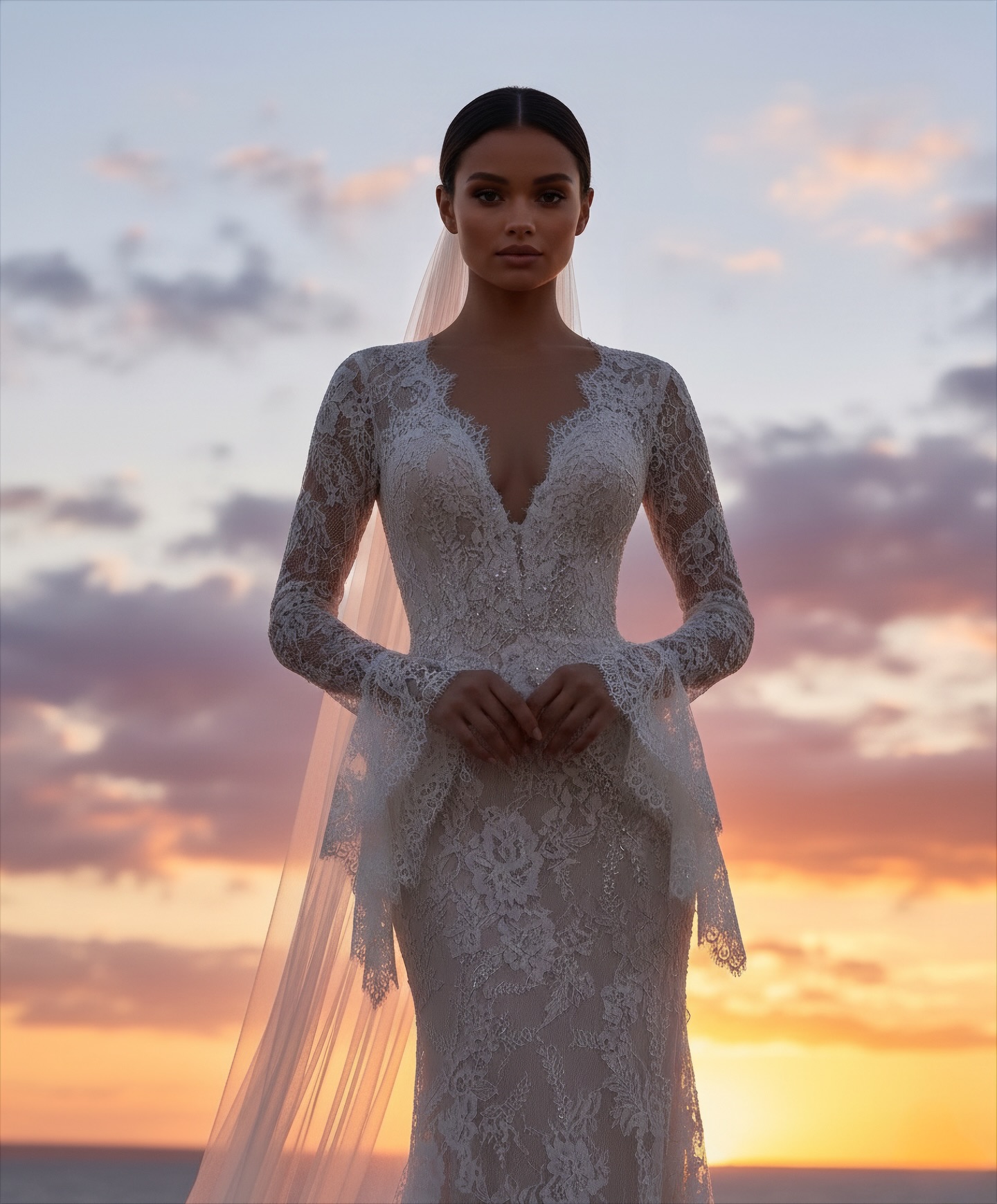 “Gün batımında dantel uzun kollu gelinlik romantik siluet”