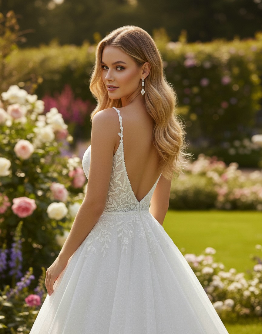 V sırt dekolteli dantel detaylı A kesim gelinlik, romantik bahçede arkadan görünüm.