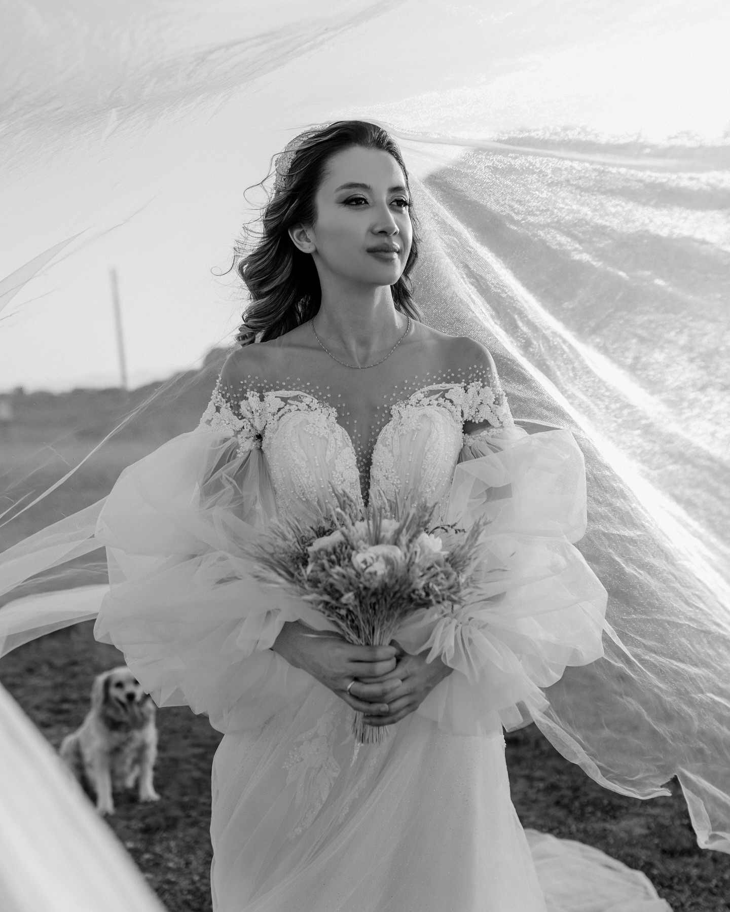 Siyah beyaz çekimde tül kollu A kesim gelinlik ve uçuşan duvakla masalsı gelin pozu