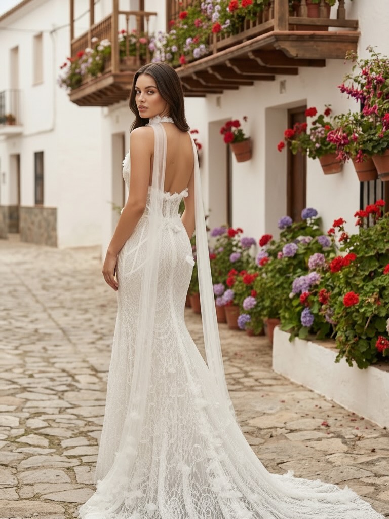 Açık sırt detaylı, korseli dantelli balık form gelinlik – romantik sokak konseptinde dış çekim