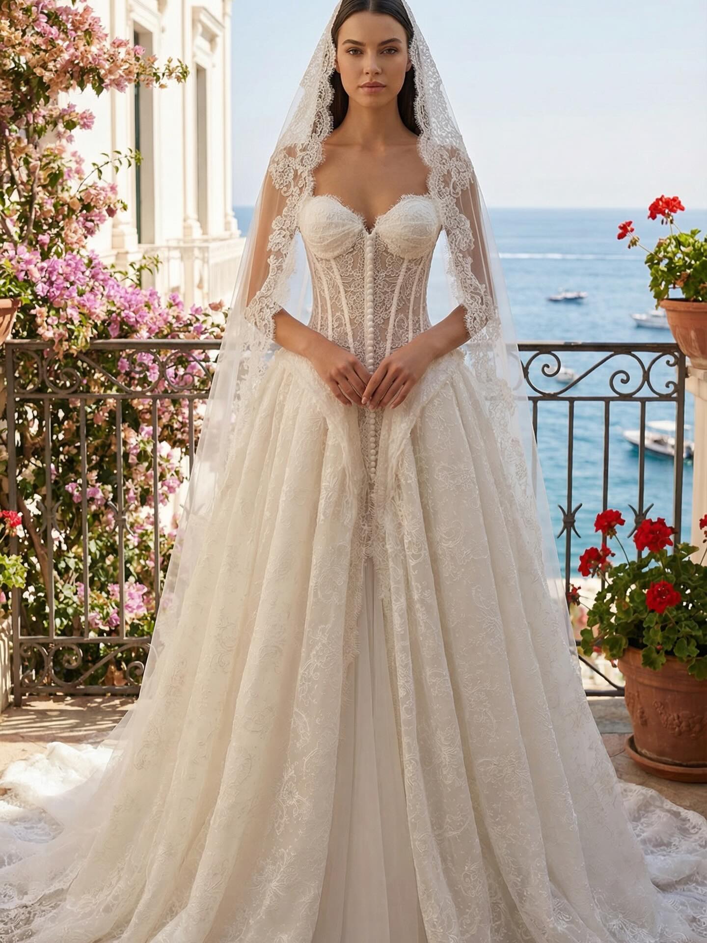 Dantel işlemeli, düğmeli korsajlı prenses etek gelinlik ve dantel kenarlı duvak – deniz manzaralı çekim