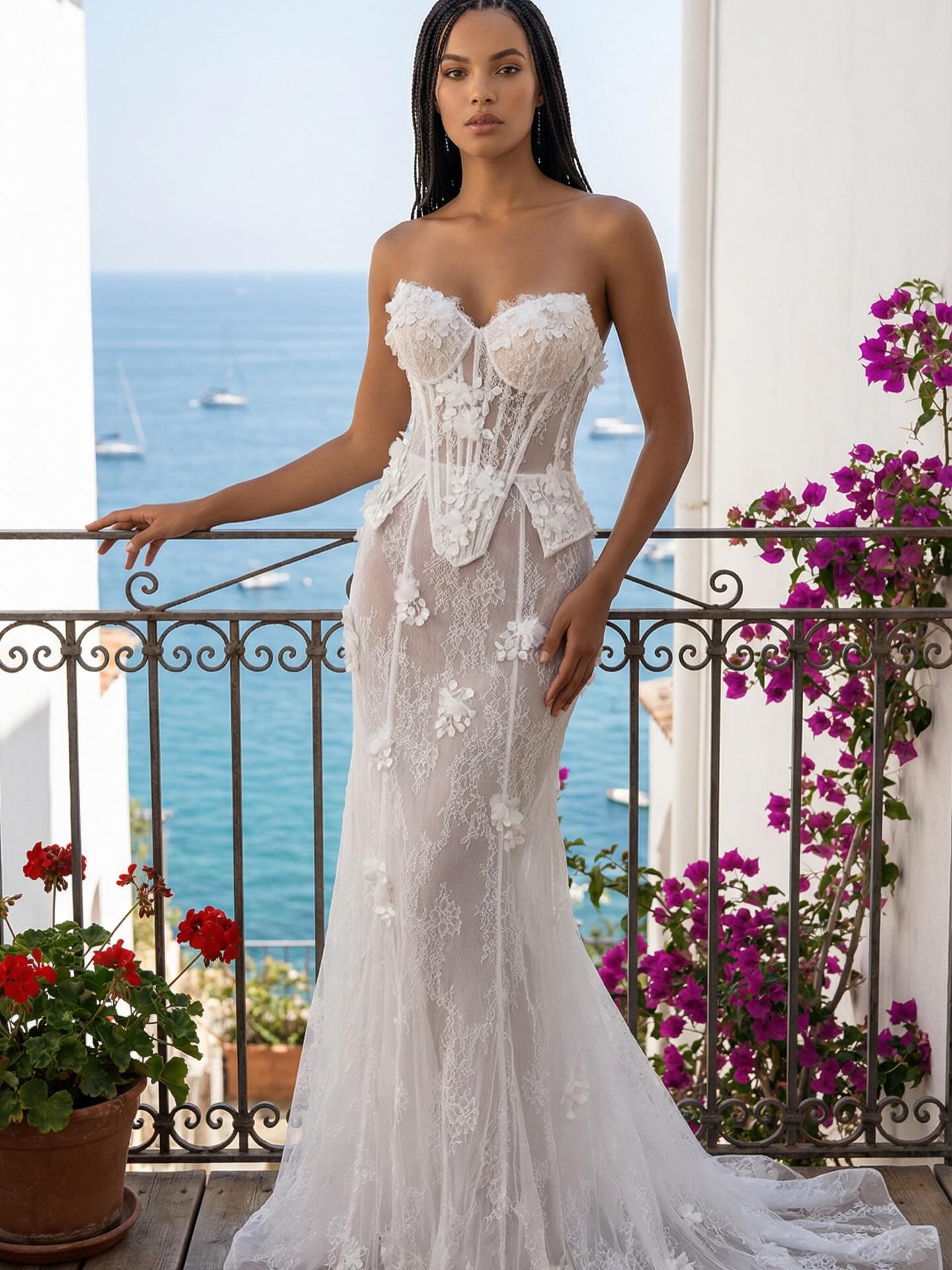 Straplez korseli, üç boyutlu çiçek aplikeli balık kesim gelinlik – balkon ve deniz fonlu bridal çekim