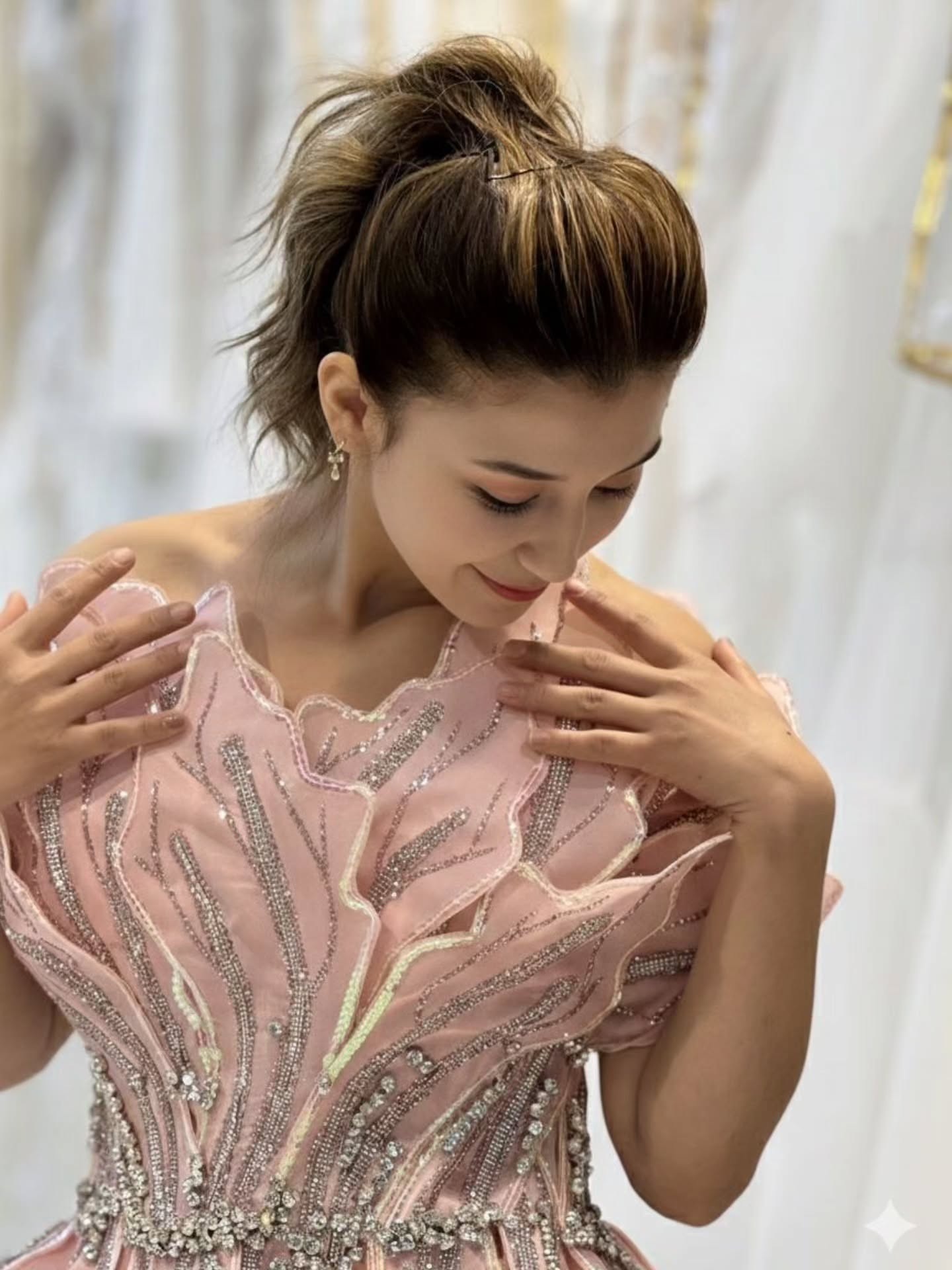 Pudra pembe tül detaylı mini after party elbisesi gelin konsepti