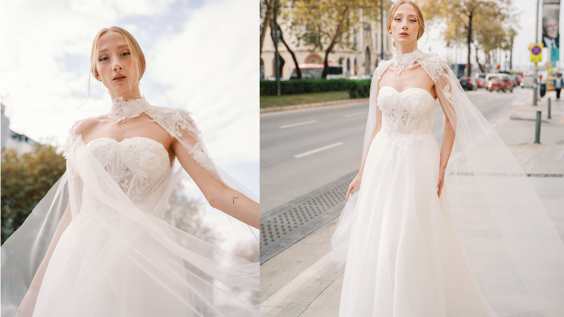 Dream House Atelier İzmir’in Dantelli Cape Detaylı Romantik Gelinliği