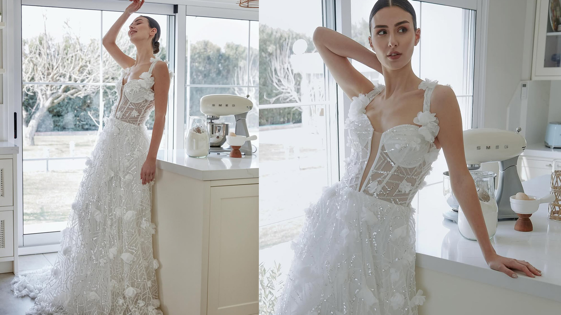 Transparan Gövde ve 3D Çiçek Detaylarıyla Modern Romantik Gelinlik – Tuğçe Görgülü Moda Evi