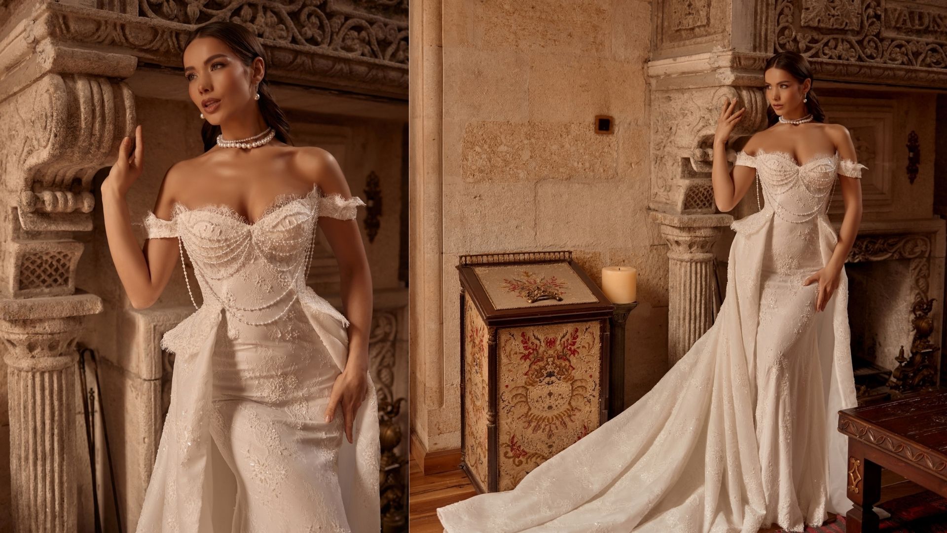 Mediha Cambaz Bridal İmzasıyla İnci Detaylı Düşük Omuz Balık Gelinlik