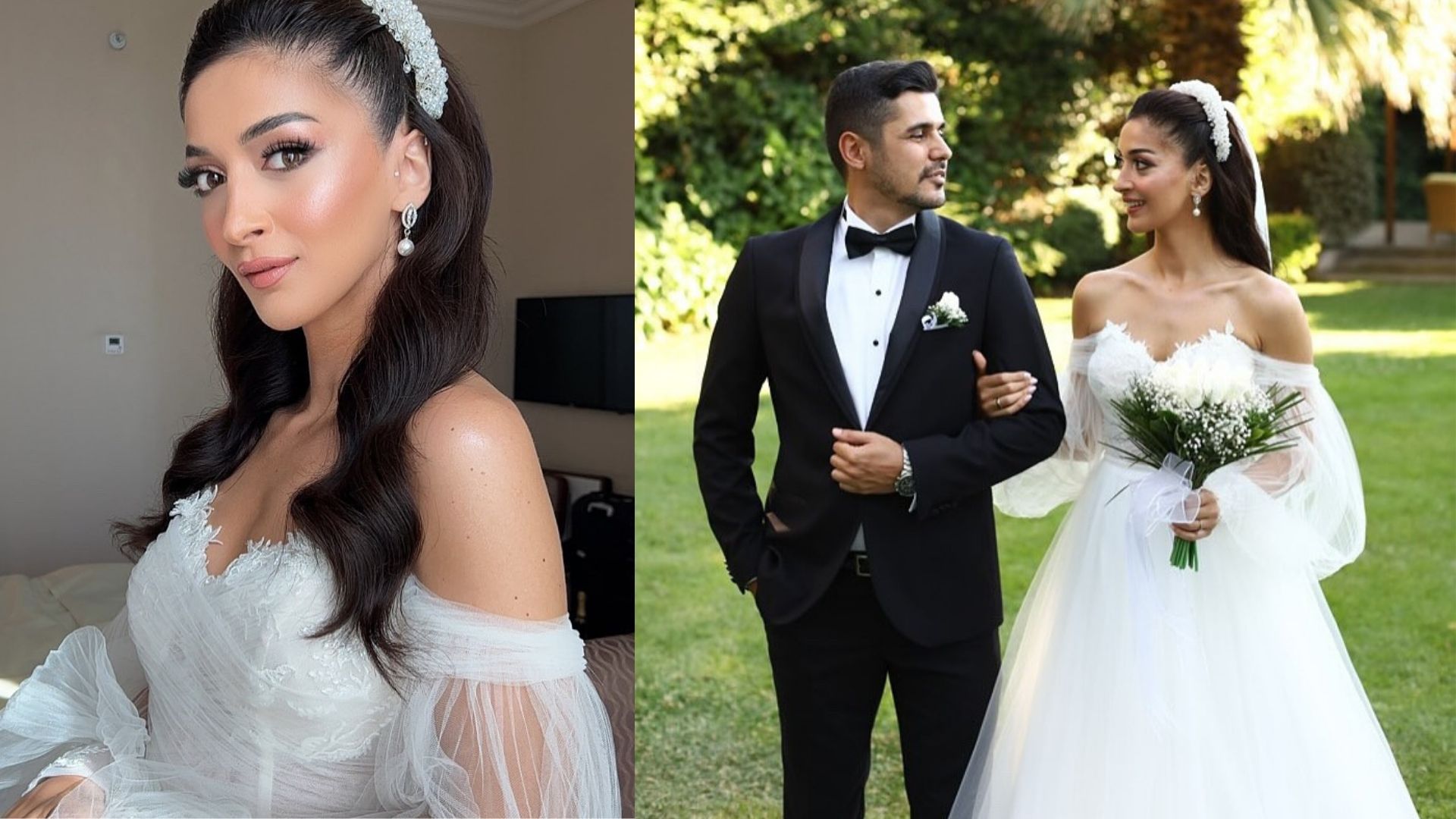 Esra Özcan Düşük Omuzlu A Kesim Gelinlik: Romantik Tül Kollarla Masalsı Bir Işıltı