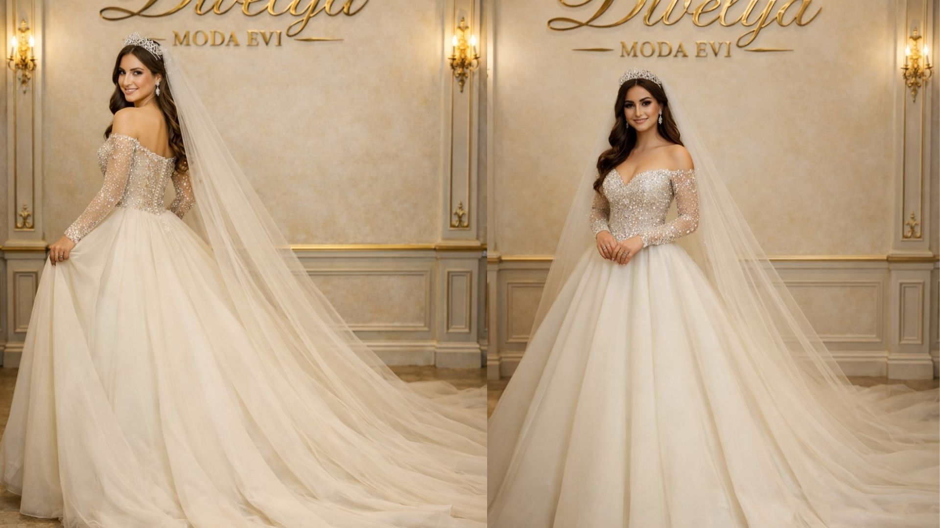 Divelya Moda Evi Işıltılı Prenses Gelinlik: Masalsı Etek, Swarovski Etkili Parıltı ve Zarif Omuz Detayı